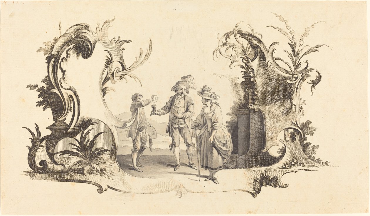 Cartouche Moderne with a Young Couple Being Served Wine by Johann Esaias Nilson
