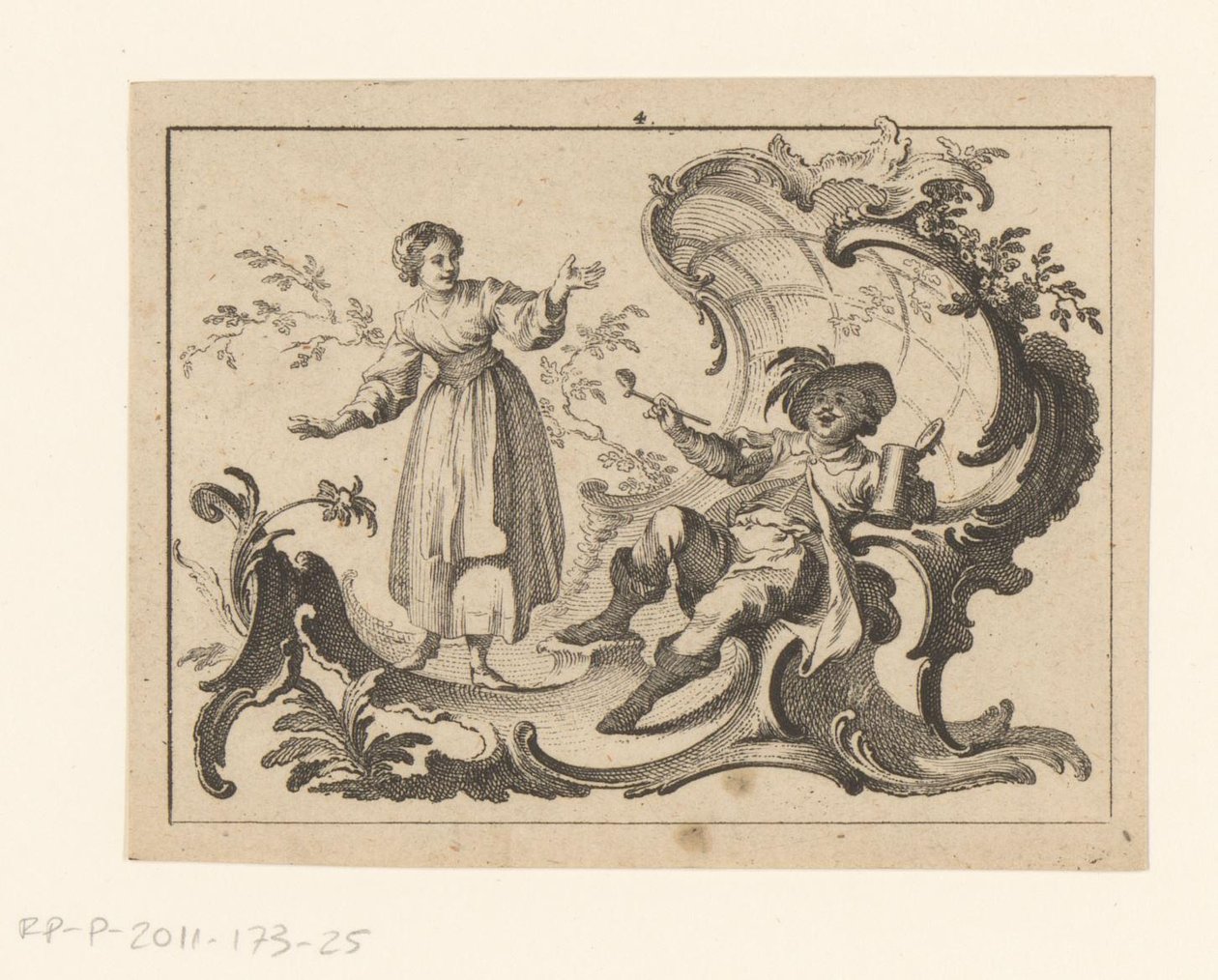 Man Smoking a Pipe and Drinking, Seated on a Rococo Ornament (Smokers on Rococo Ornament series) by Johann Esaias Nilson
