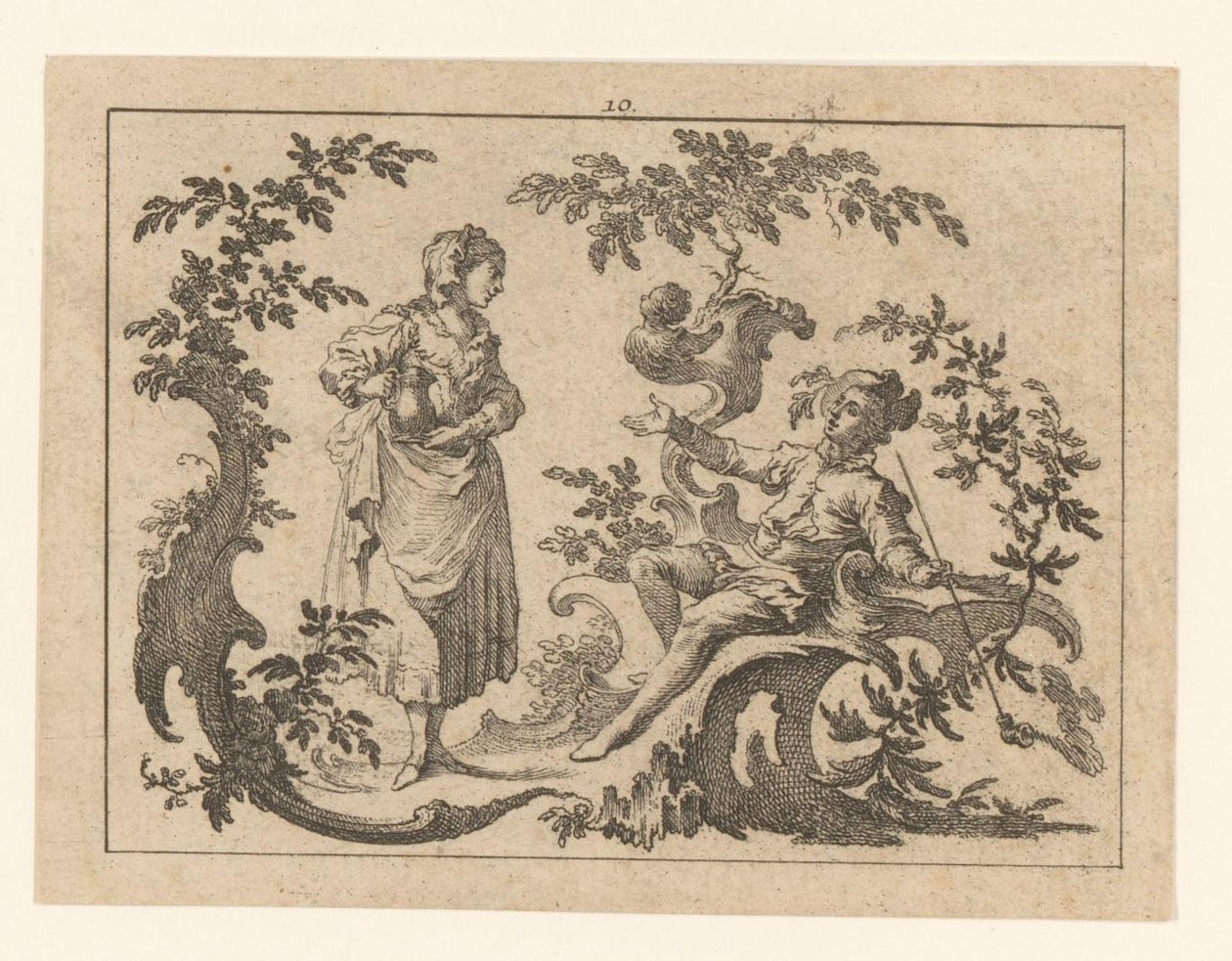 Man Smoking a Pipe, Seated Next to a Standing Woman with Jug on a Rococo Ornament (Smokers on Rococo Ornament series) by Johann Esaias Nilson