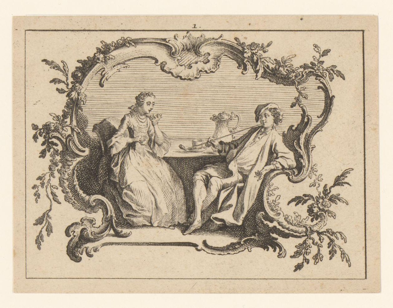 Woman and Pipe-Smoking Man at a Table in a Cartouche by Johann Esaias Nilson