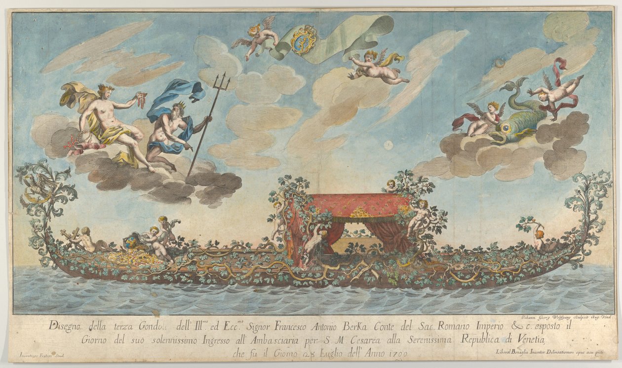 The Highly Ornamented Third Gondola of Francesco Antonio Berka Entering Venice, Gods on Cl... by Johann Georg Wolfgang