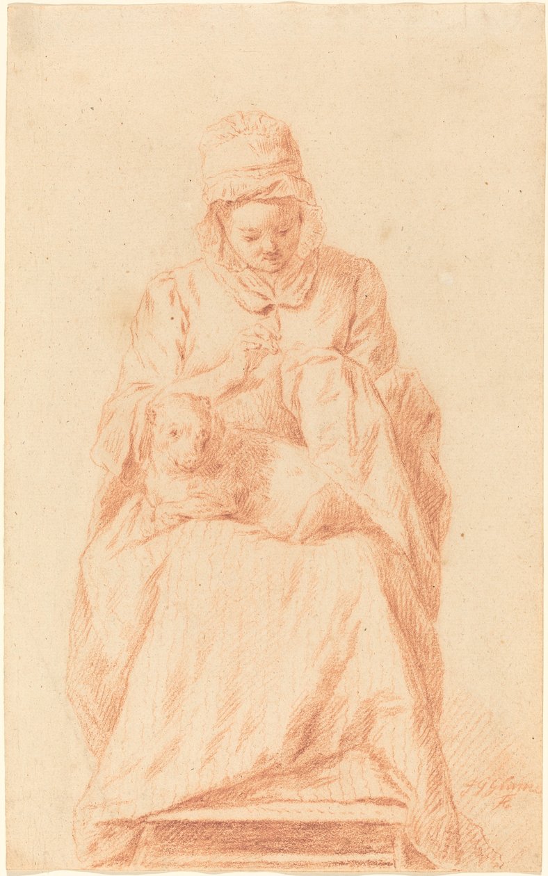 Young Woman Sewing with a Dog Resting on Her Lap by Johann Gottlieb Glume
