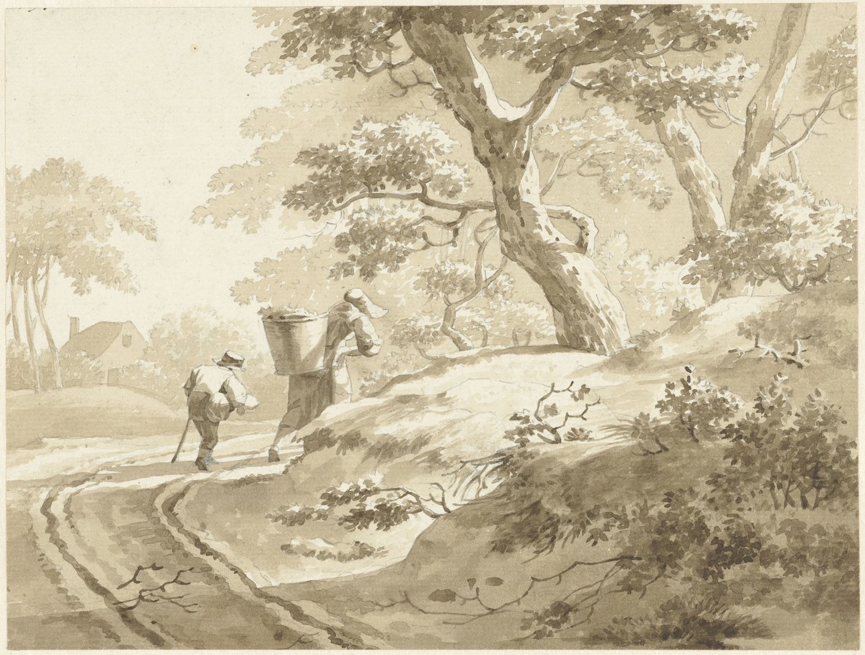 Landscape with Woman and Boy on a Country Road by Johann Heinrich Keller (II) (possibly)