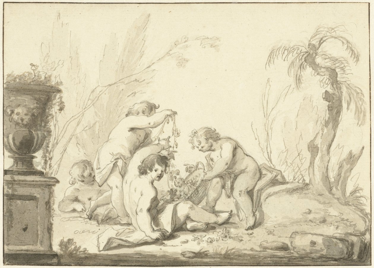 Allegorical representation with children with a basket of flowers by Johann Heinrich Keller (II)