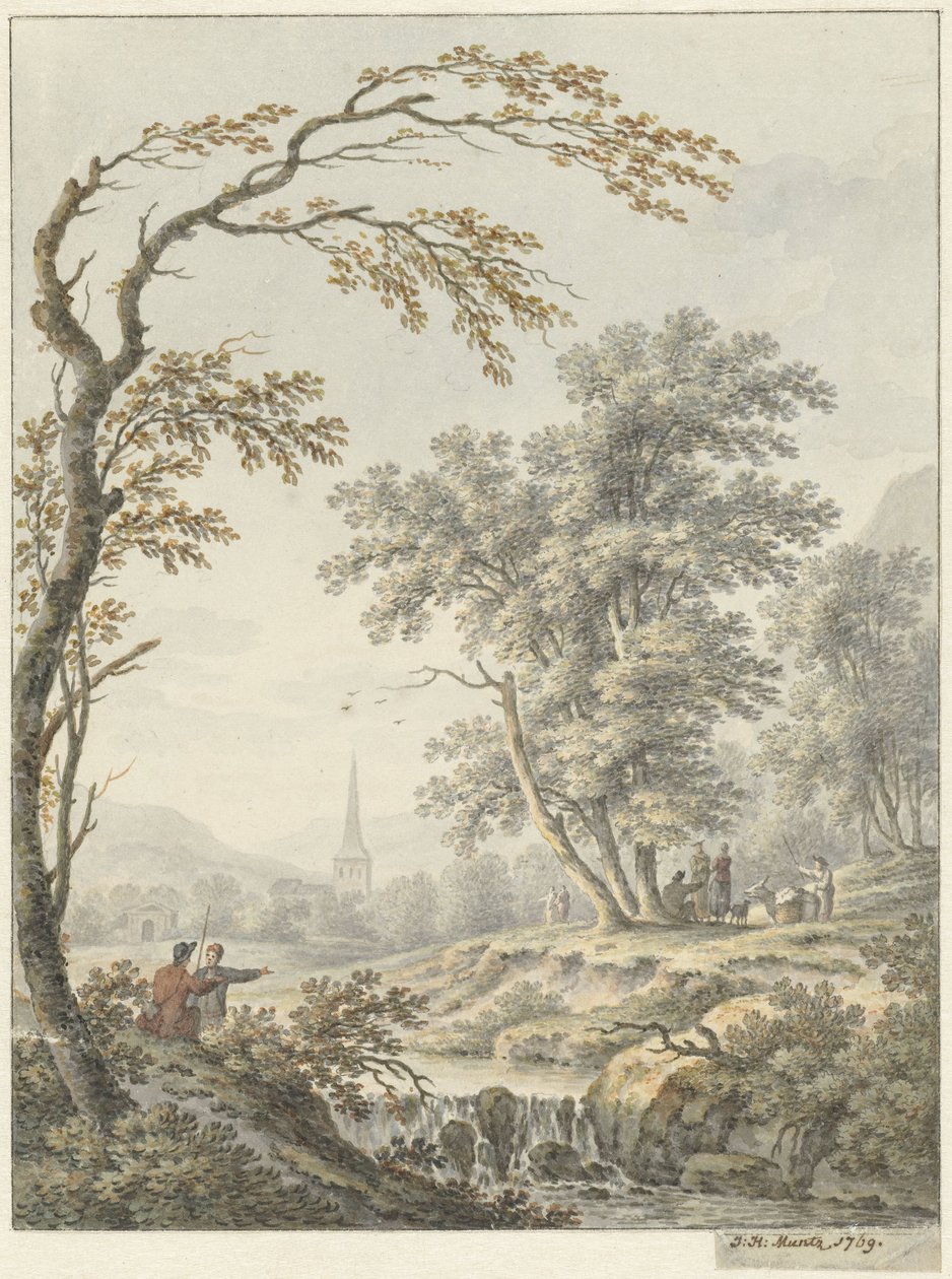 Landscape with Waterfall and a Church in the Distance by Johann Heinrich Muntz