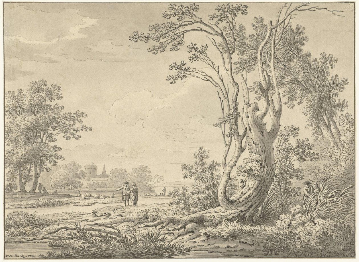 Southern Landscape with Castle, Cattle, and Walkers by Johann Heinrich Muntz