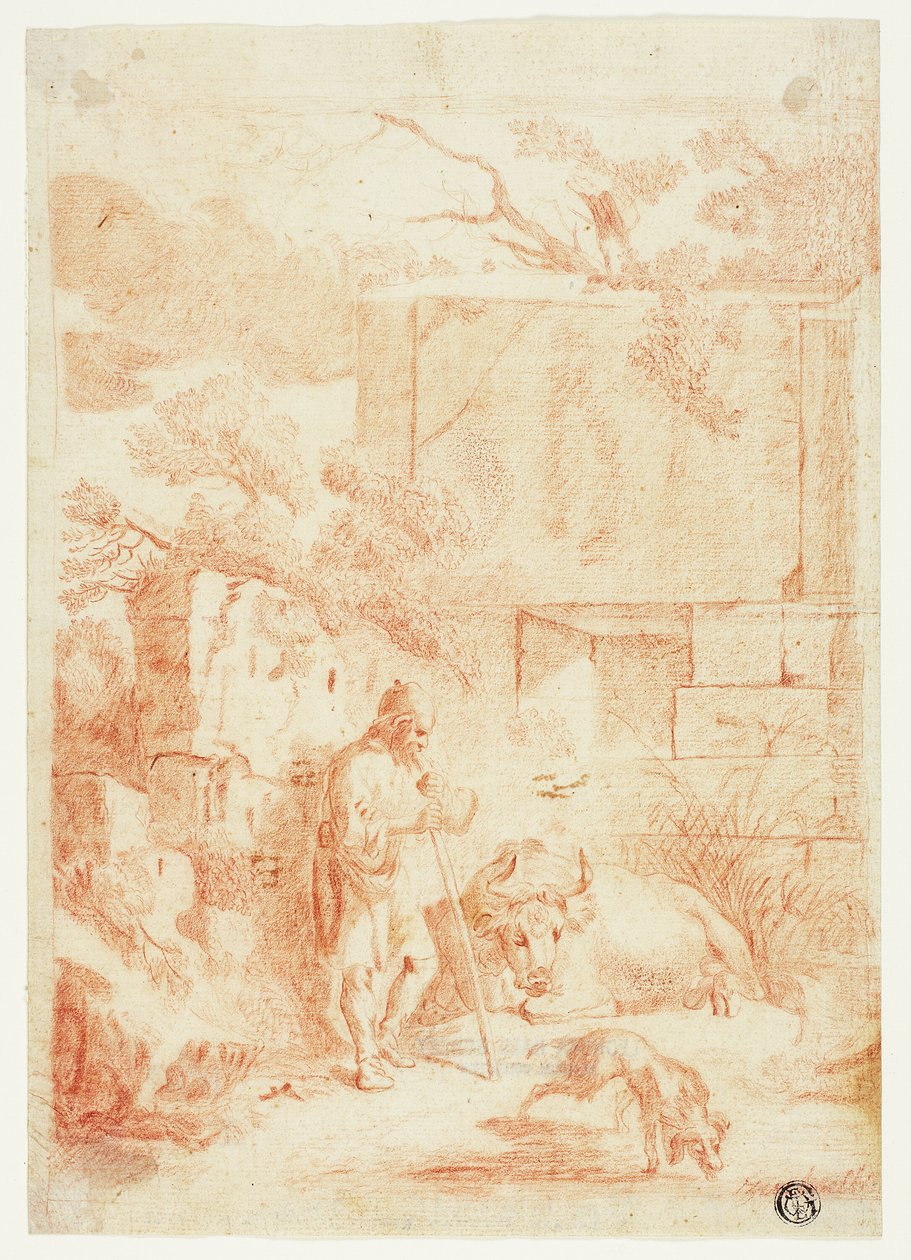 Cowherd with Bull and Dog in Ruins by Johann Heinrich Roos