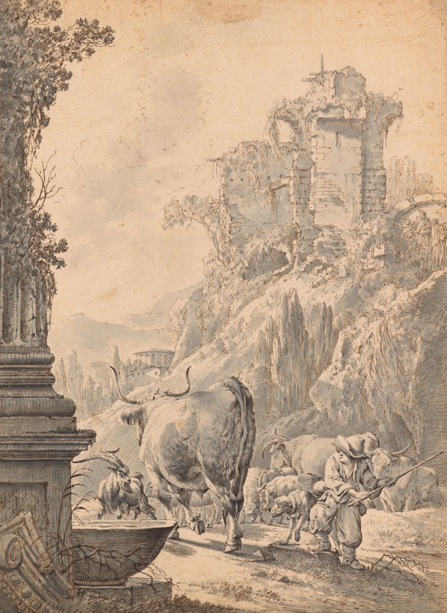 An Italian Landscape with Cattle by Johann Heinrich Roos