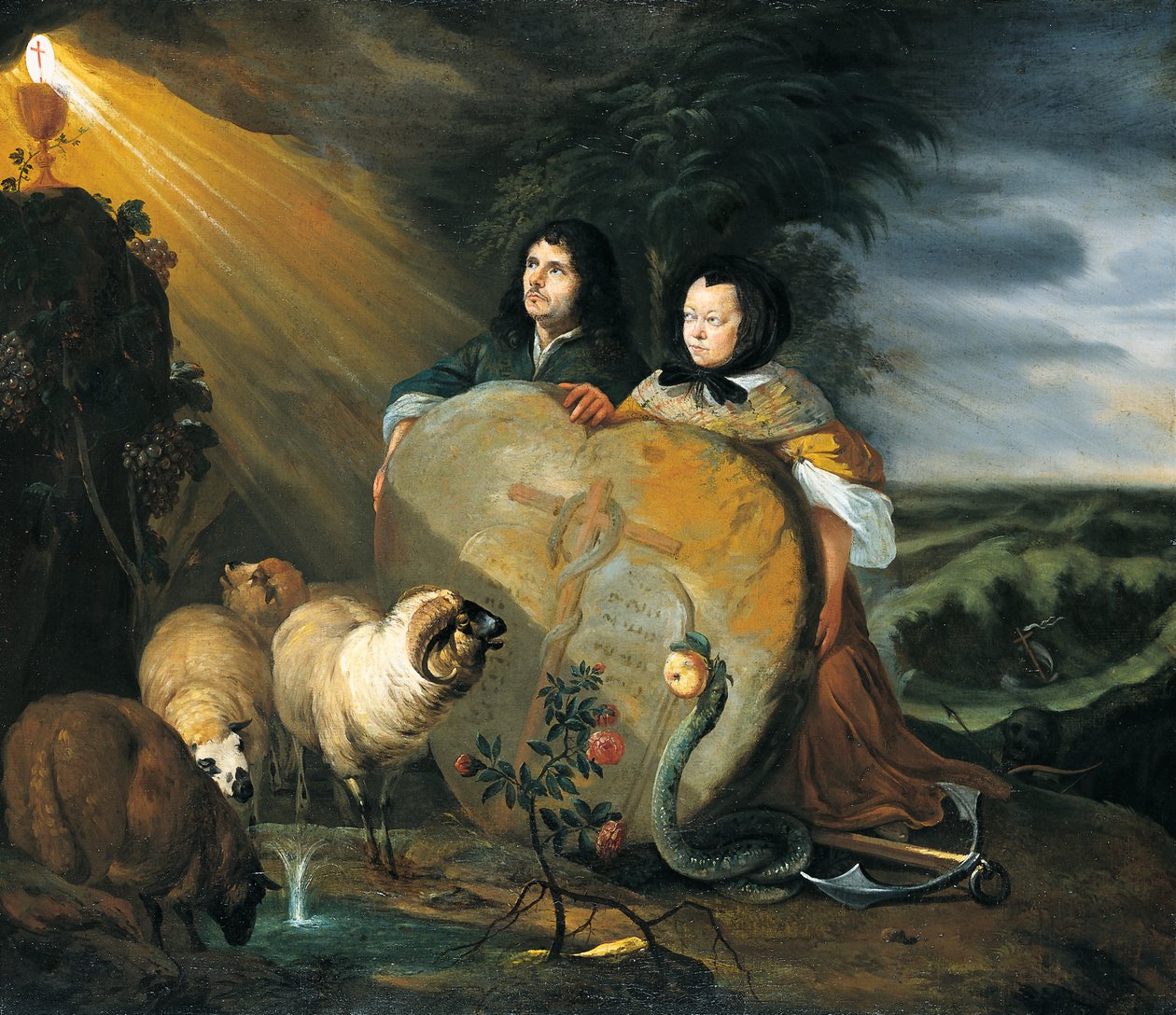 Self Portrait (?) with his Wife and Symbols of the Christian Faith by Johann Heinrich Roos
