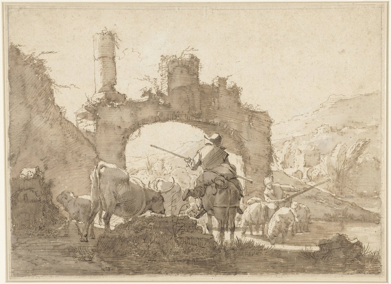Two Shepherds Driving Their Cattle through a River by Johann Heinrich Roos