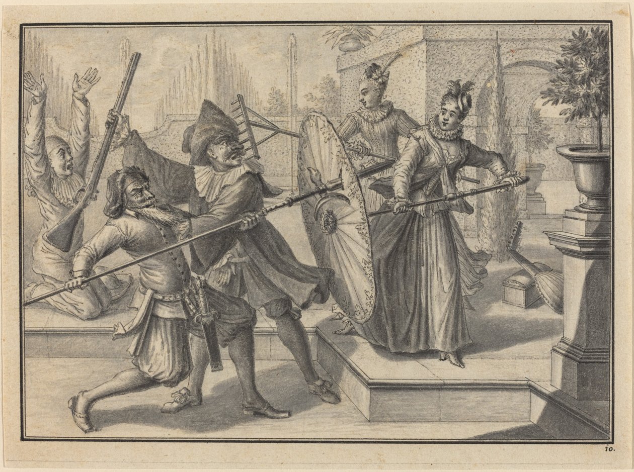 Pantaloon and the Doctor Fighting with Columbine and Brigatella in the Garden by Johann Jacob Schubler