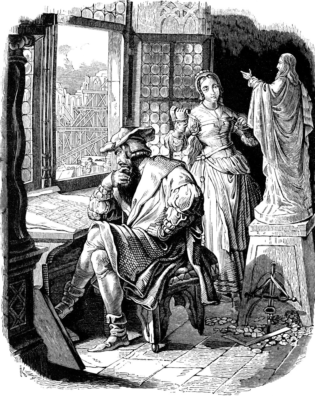 Architect Erwin von Steinbach with His Daughter Sabina (Illustration from the Geschichte des deutschen Volkes by E. Duller, 1840) by Johann Jakob Kirchhoff