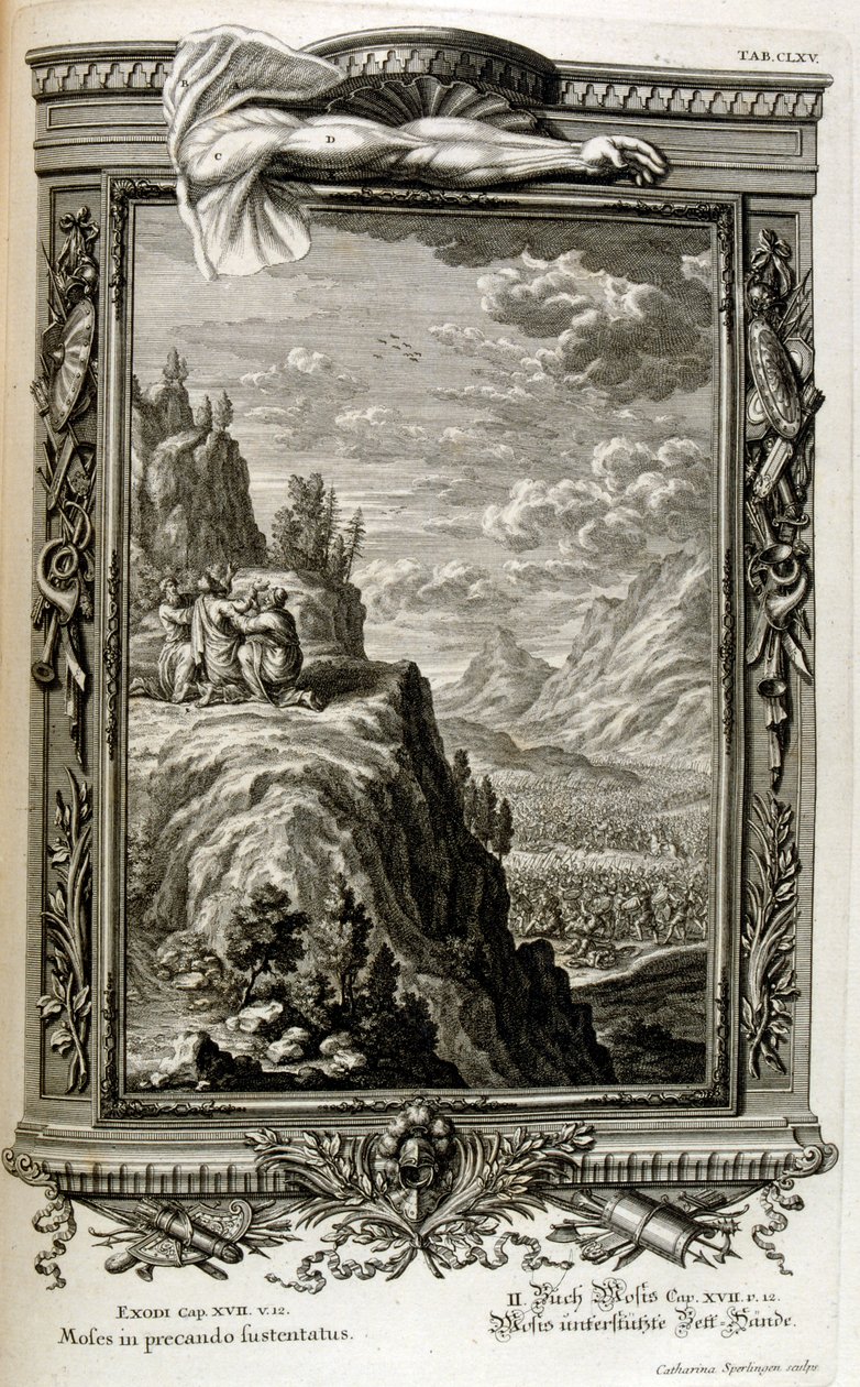 Aaron and Hur Support the Hand of Moses on Sinai, When the Israelites Fled into Sinai, Exodus from Egypt by Johann Jakob Scheuchzer