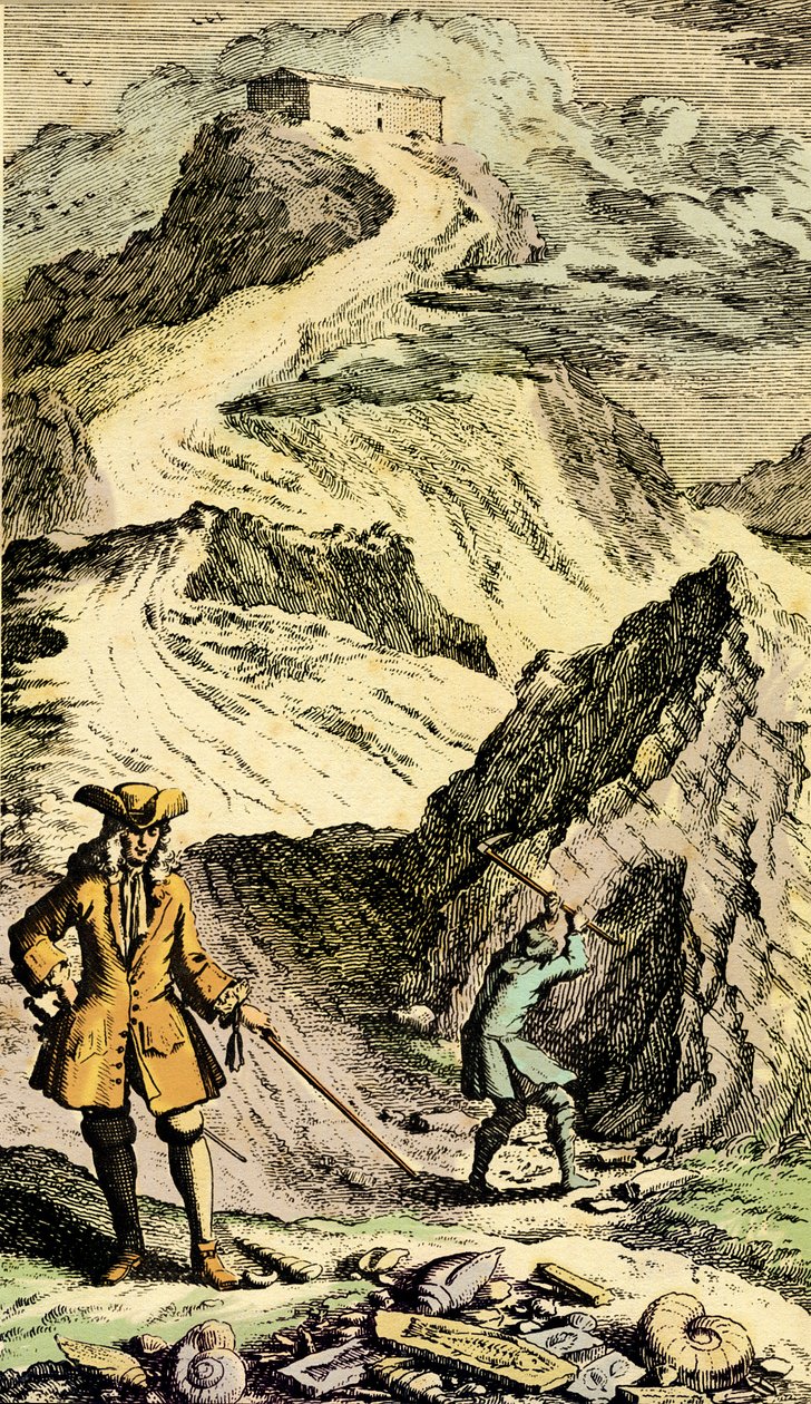Paleontology: Swiss naturalist Johann Jakob Scheuchzer discovered in the Swiss mountains the traces of the Universal Deluge thanks to fossils. Engraving from 