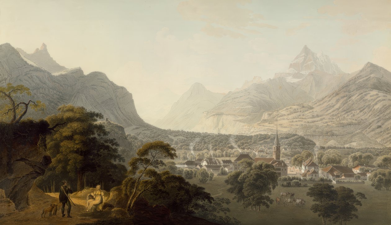 Das Dorf Bex, die Dent de Morcles und die Dents du Midi von Johann Jakob Wetzel