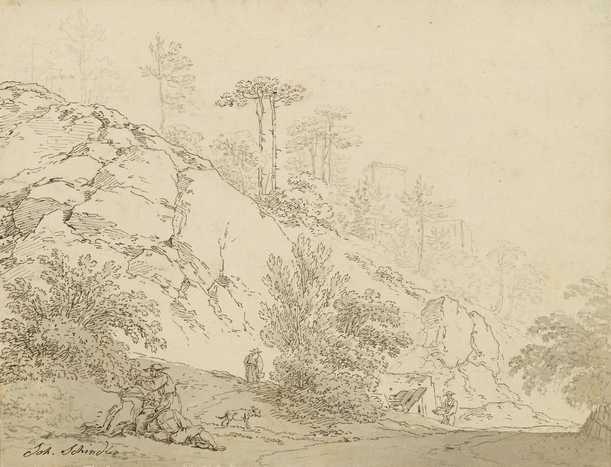 Farmers Resting in Rocky Terrain, Castle in Background by Johann Josef Schindler