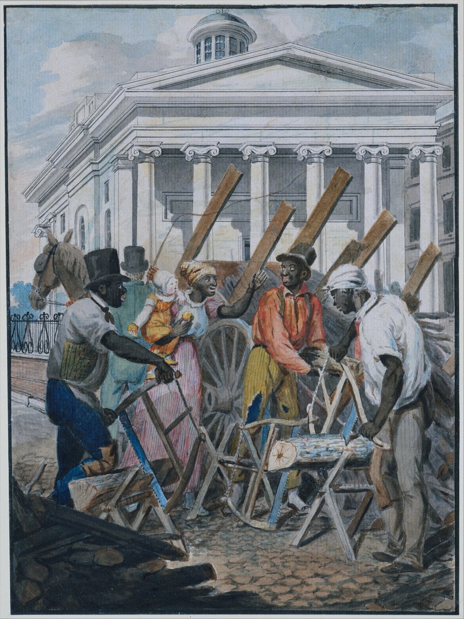 Black Sawyers Working in Front of the Bank of Pennsylvania, Philadelphia by Johann Ludwig (1787-1821) (attr.to) Krimmel