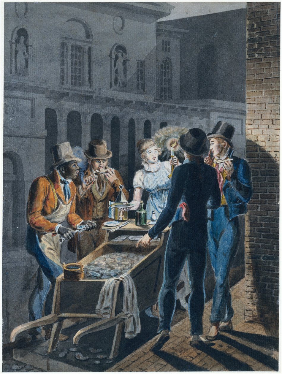 Nightlife in Philadelphia - An Oyster Barrow in Front of the Chestnut Street Theater by Johann Ludwig (1787-1821) (attr.to) Krimmel