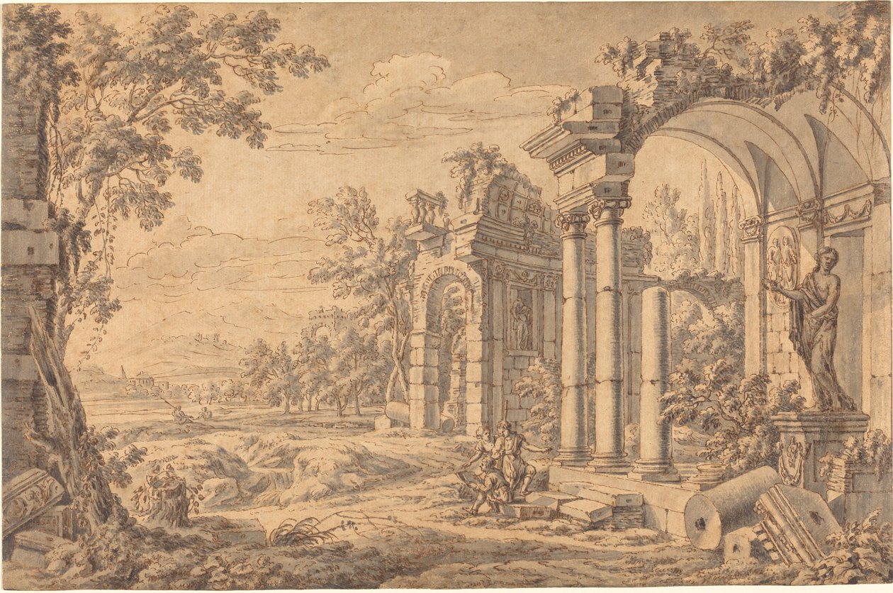Landscape with a Draftsman among Ancient Ruins by Johann Oswald Harms