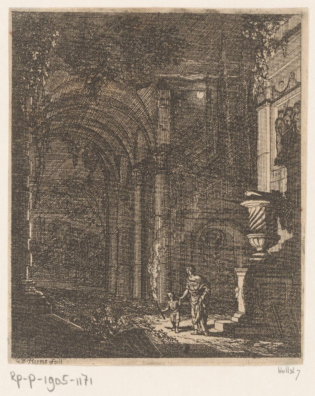 Two Figures Illuminating Ancient Ruins with a Torch (Ancient Ruins and Buildings series) by Johann Oswald Harms