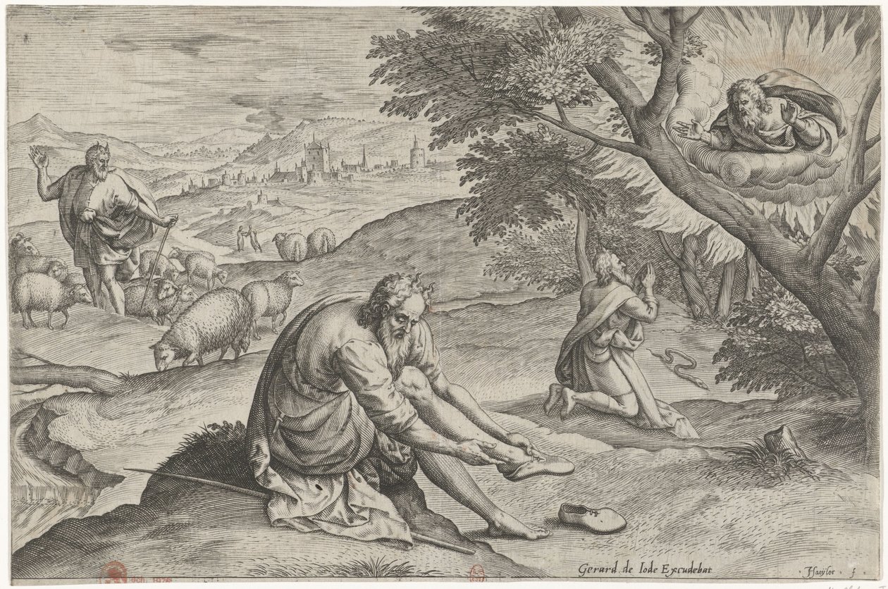 God Appears to Moses in the Burning Bush (History of Moses Before the Exodus) by Johann Sadeler (I)