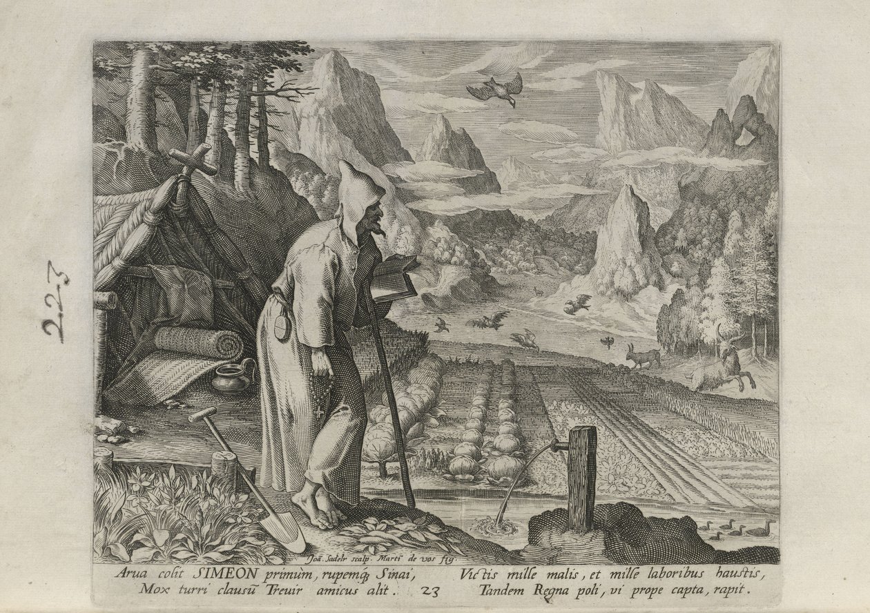 Simeon, Plate 23 of 30 from the Series Sylvae Sacrae (Hermits in Landscapes) by Johann Sadeler I