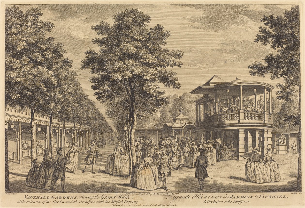 Vauxhall Gardens Showing the Grand Walk at the Entrance of the Garden and the Orchestra with Music Playing by Johann Sebastian Müller after Samuel Wale