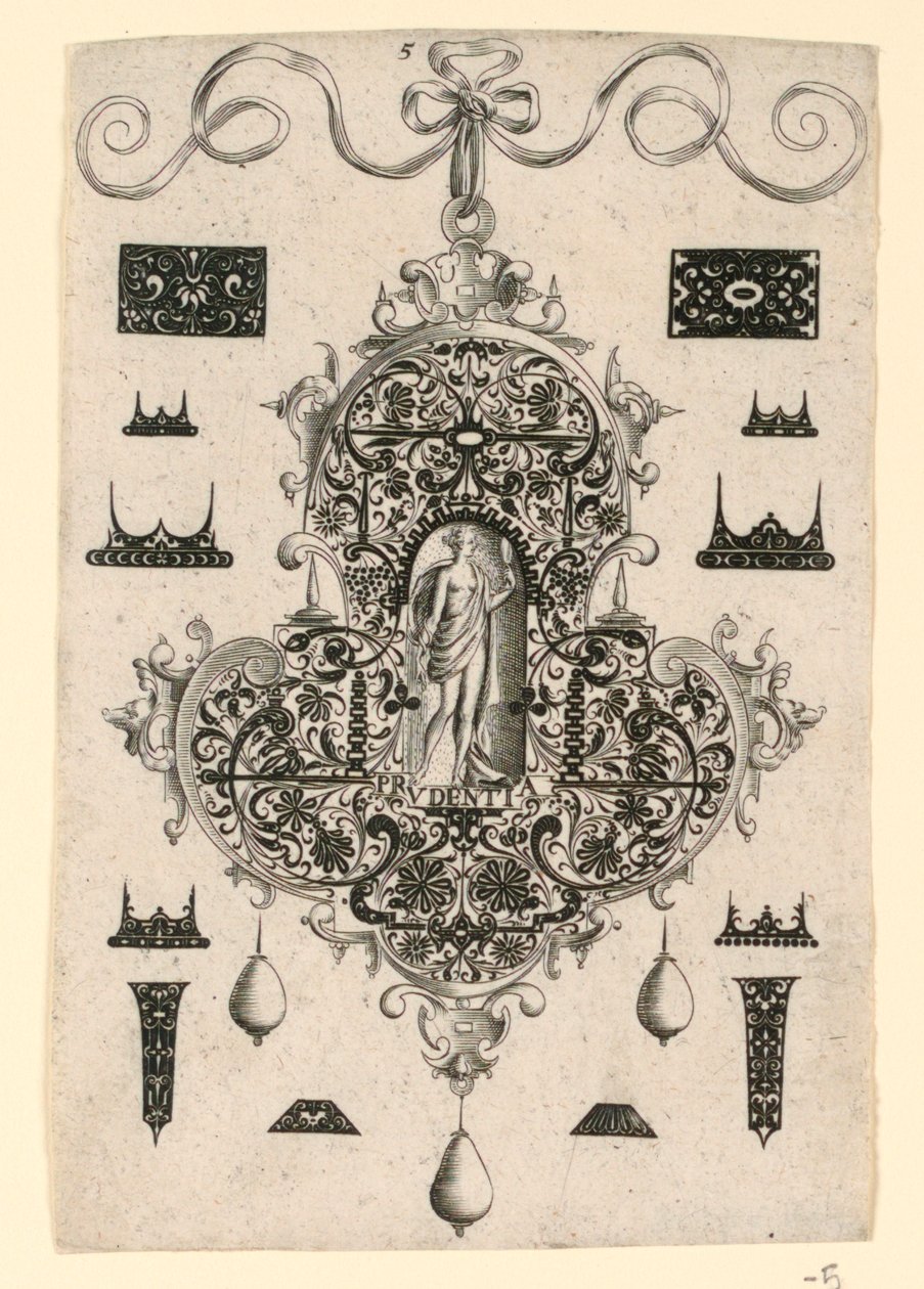 Plate 5, from a series of eight pendant designs with the cardinal virtues by Johann Theodor de Bry