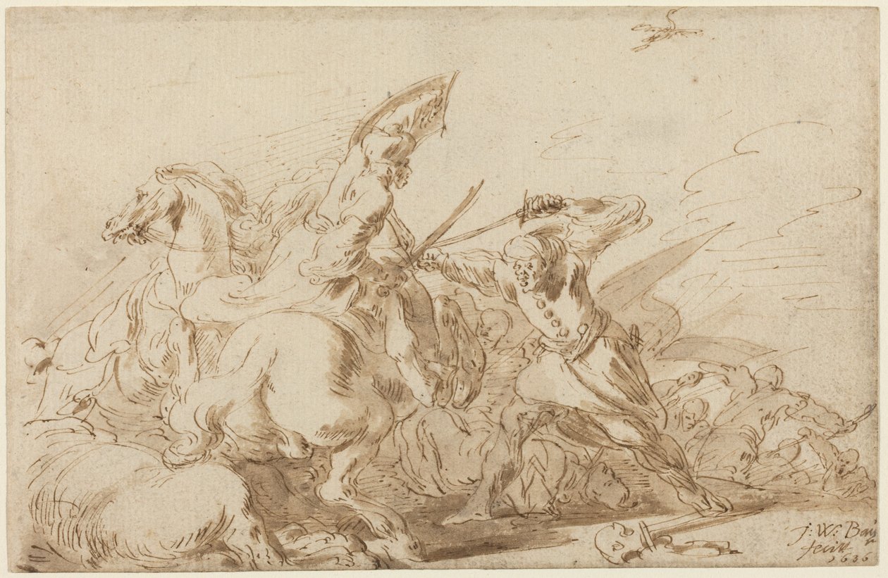 A Battle between Oriental Cavalry and Soldiers by Johann Wilhelm Baur