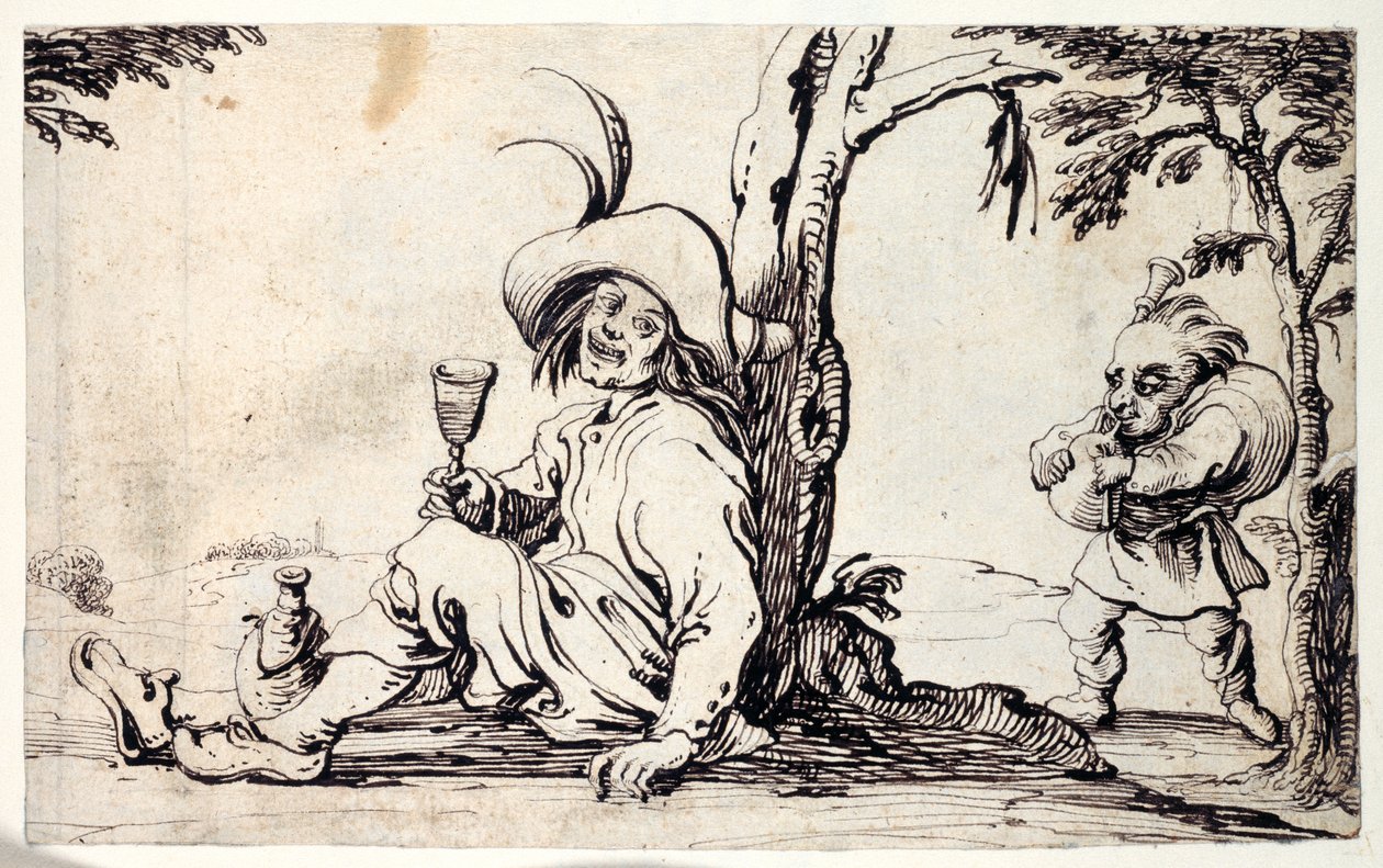 Countryman Seated Refreshing Himself and a Dwarf with Bagpipes by Johann Wilhelm Baur