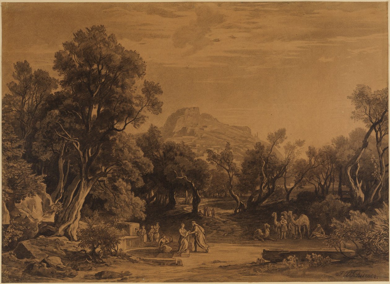 Eliezer and Rebekah at the Well (Genesis 24:17-18) by Johann Wilhelm Schirmer