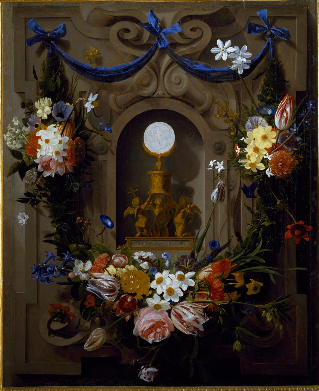 Eucharist in a wreath of flowers by Johannes Antonius van der Baren