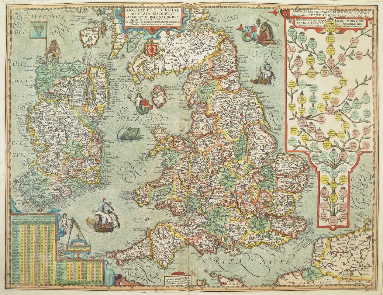 Map of England and Ireland drawn in 1606 (coloured engraving) by Johannes Baptista Vrints