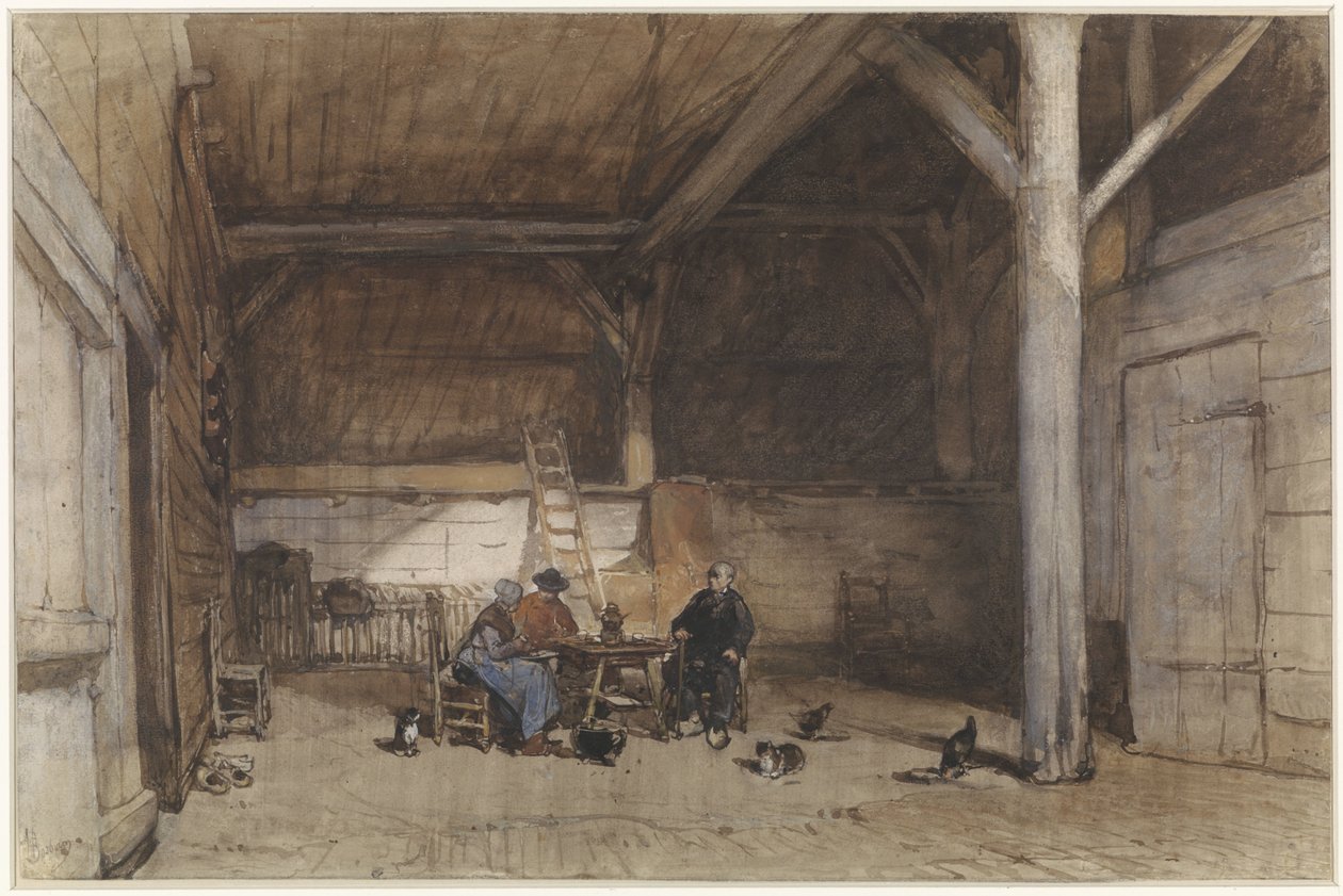 Peasant Interior with Two Men and a Woman at a Table, with Some Chickens and Cats by Johannes Bosboom