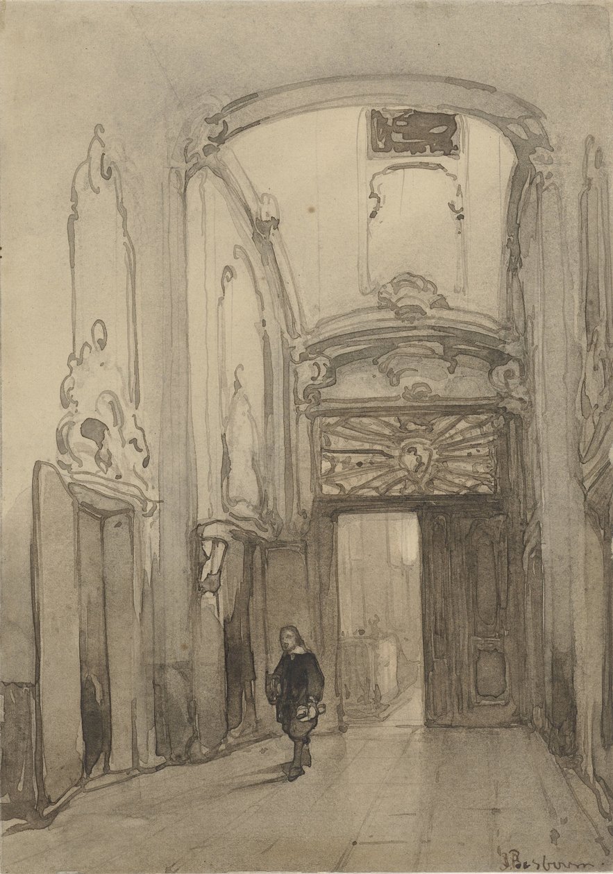 Rococo Portal in the Town Hall in The Hague with a Man in Seventeenth-Century Costume by Johannes Bosboom