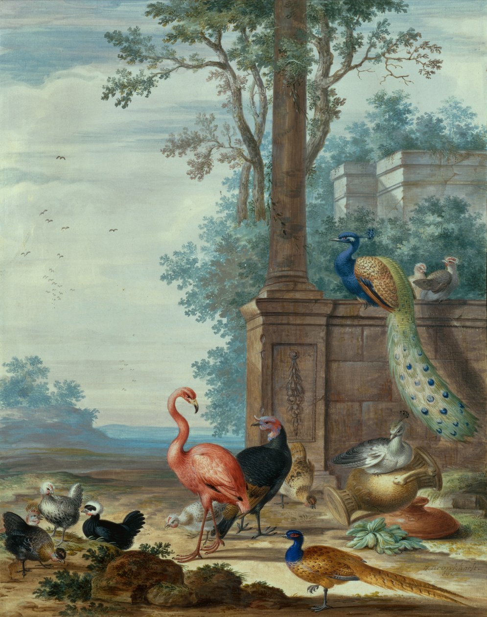An Italianate Landscape with a Peacock, Pheasant, Flamingo and Other Fowl by Johannes Bronckhorst