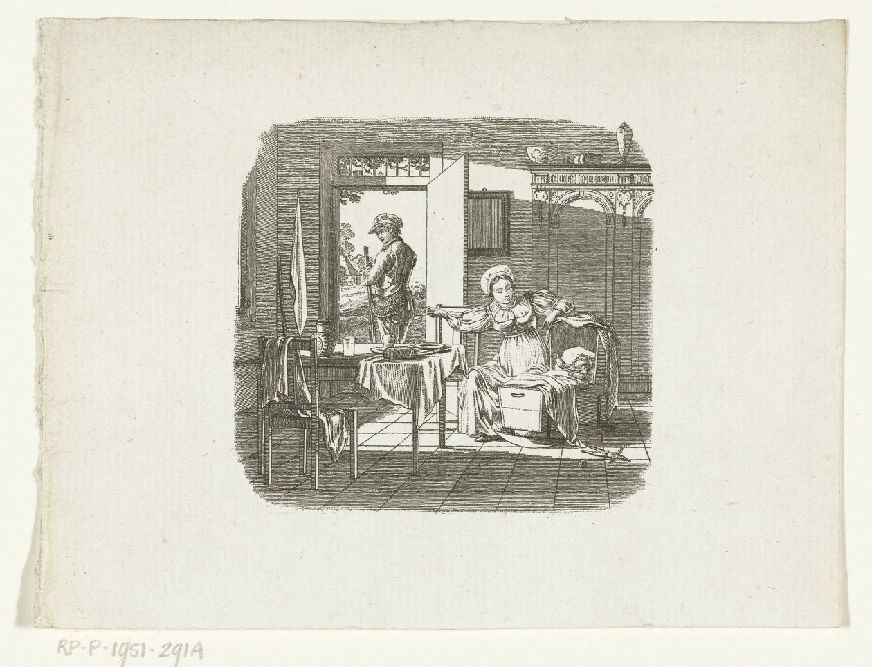 Mother by Child in Cradle Waving to Father Leaving Home with Rifle by Johannes Christiaan Bendorp