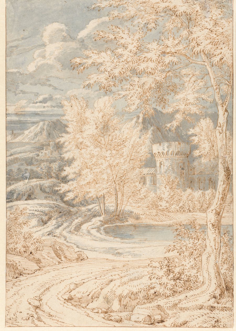 Arcadian Mountain Landscape with a Round Tower by Johannes Glauber