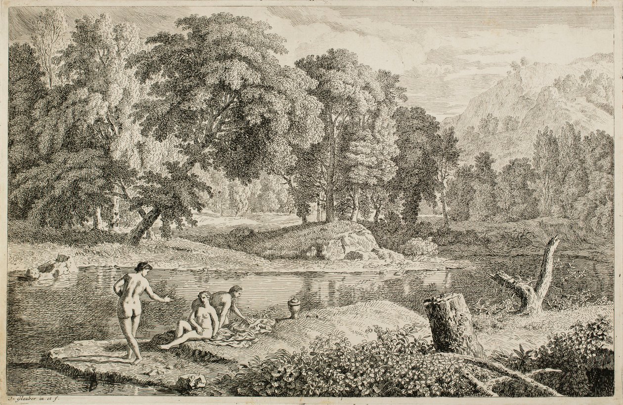 Arcadian Landscape with a River and Three Bathers by Johannes Glauber
