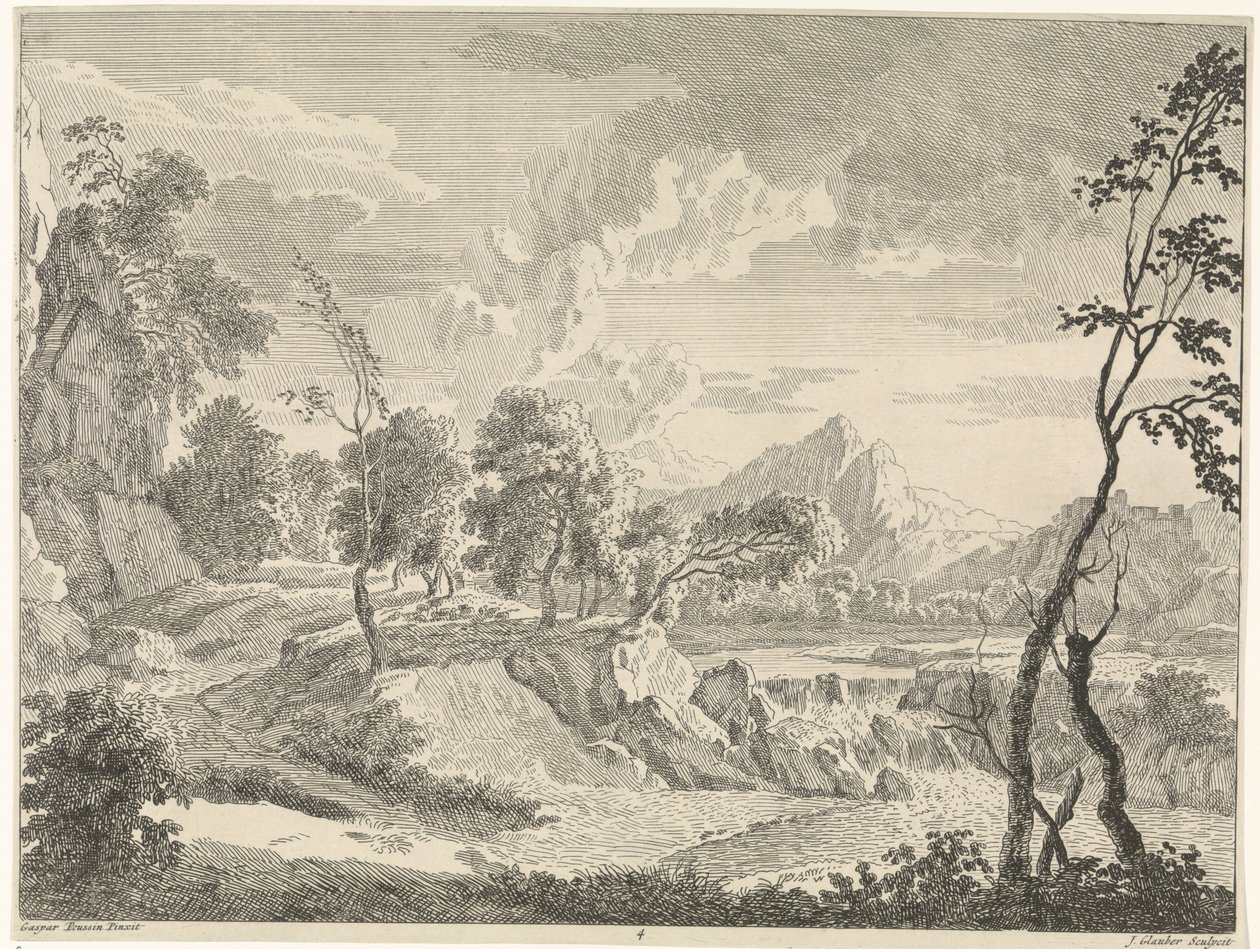 Hilly Landscape with Waterfall by Johannes Glauber