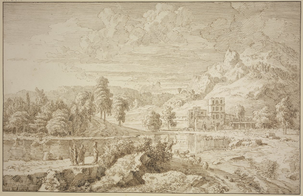 Italian Landscape with a Building, a Shepherd with Sheep on the Road, Three Figures on the Left by Johannes Glauber