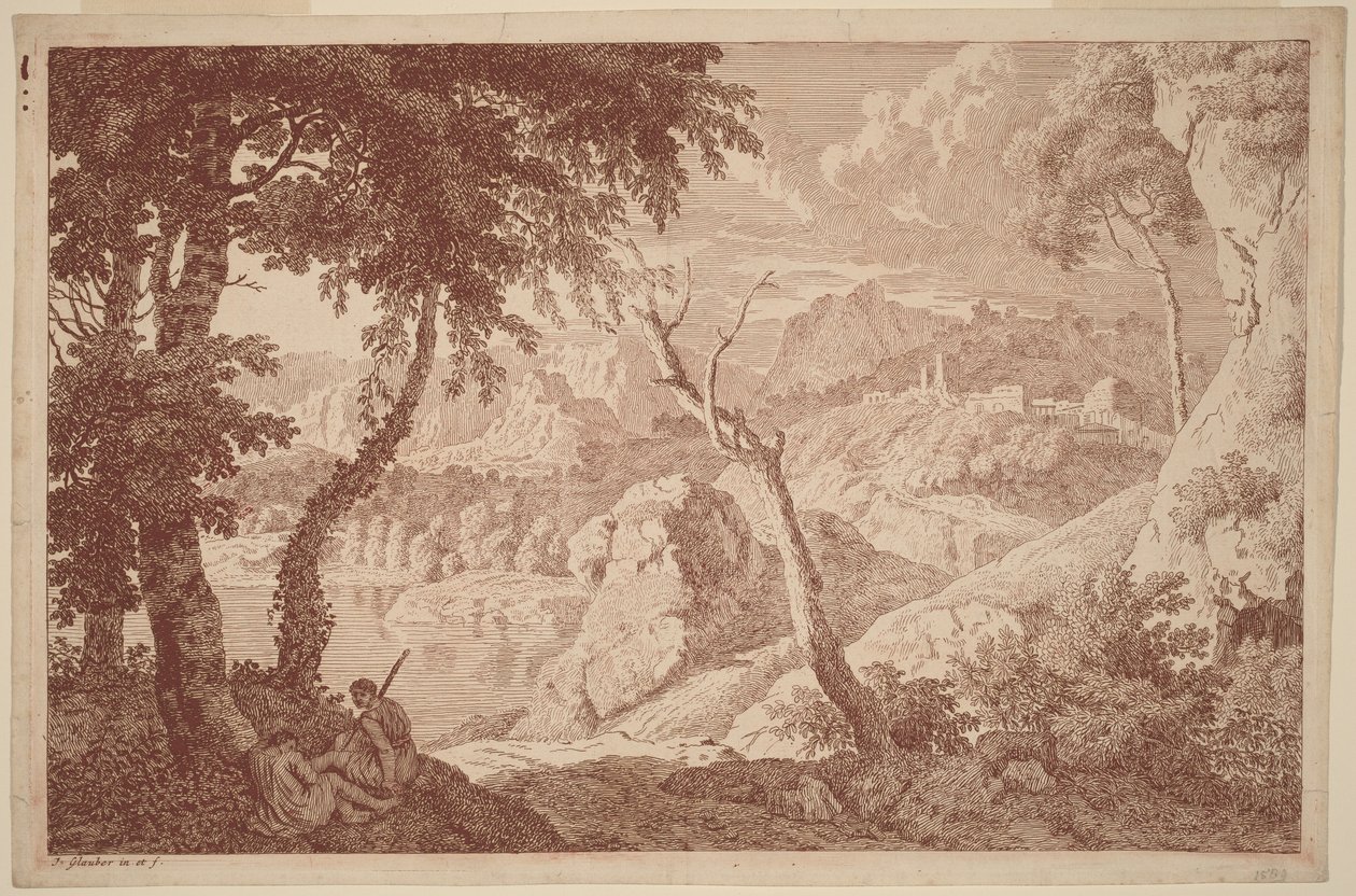 Mountain Landscape with Two Men Resting by Johannes Glauber