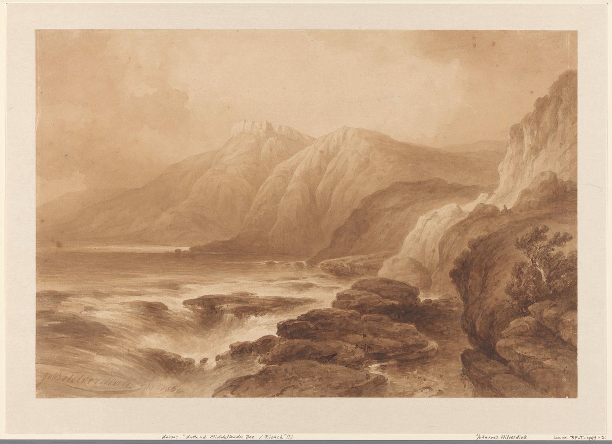View of a High Rocky Coast, with a Fortress on One of the Mountain Tops by Johannes Hilverdink