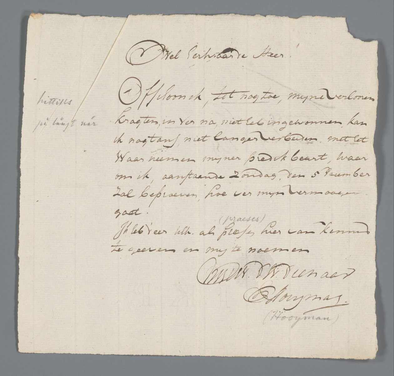 Letter from Rev. Hooyman to Jan Brandes by Johannes Hooyman
