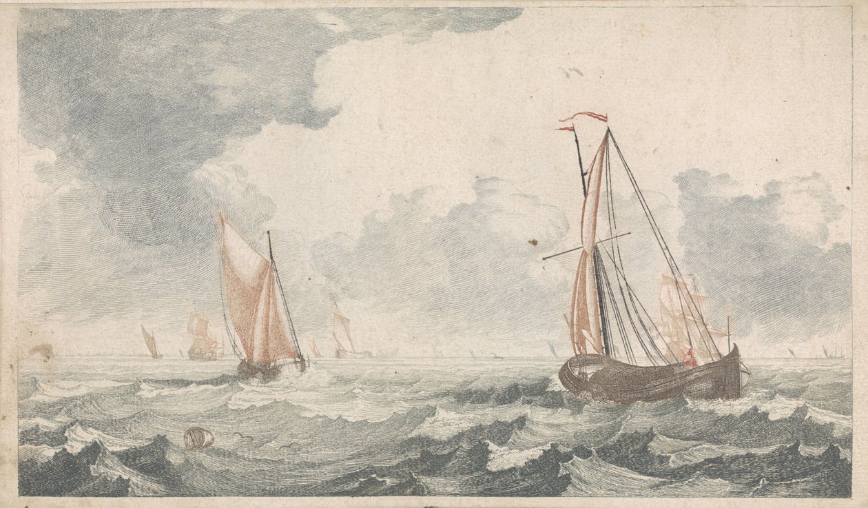 Two Flatboats Sailing Towards Each Other (Ships at Sea, Series A) by Johannes Jacobsz van den Aveele