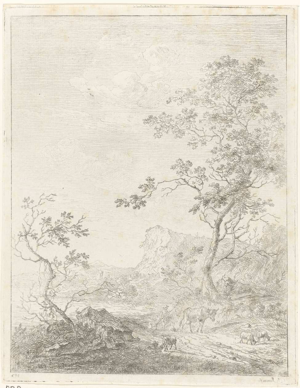 Mountainous Landscape with Shepherd and Cattle on Path by Johannes Janson