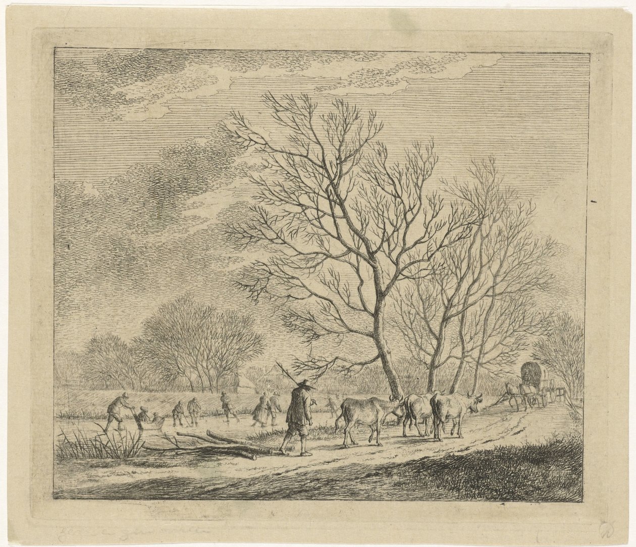 Winter Landscape with Cows and Skaters by Johannes Janson