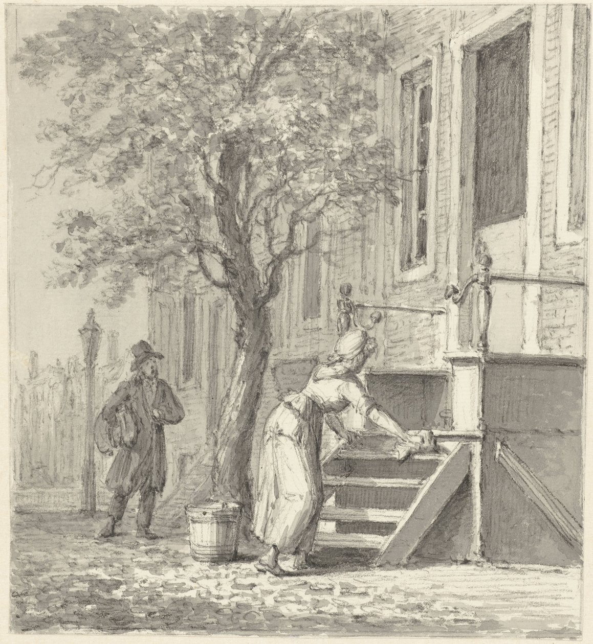 A Maid Cleaning Steps in Front of a House by Johannes Jelgerhuis