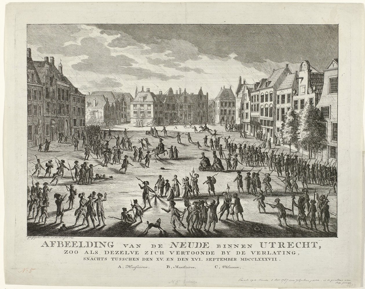 Patriots Leaving the Neude in Utrecht, 1787 (Image of the Neude in Utrecht as it appeared during the departure, night between September 15 and 16, 1787) by Johannes Jelgerhuis