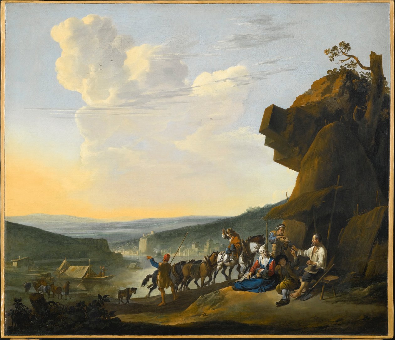 Southern Landscape with a View of a Bay, with Travelers Resting by Johannes Lingelbach
